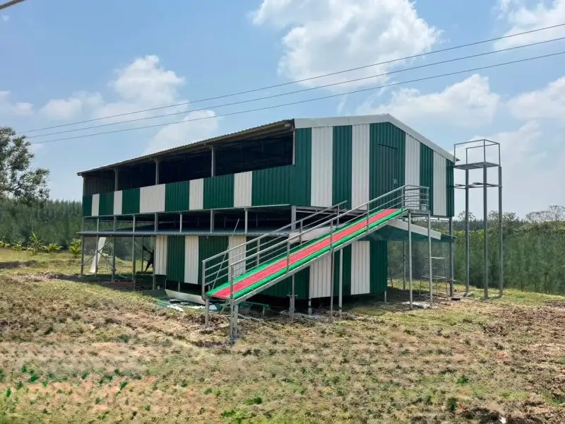 Two-storey elevated goat shed with a slatted-floor loading ramp